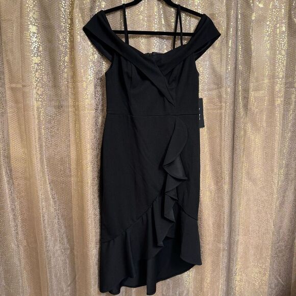BEBE Black Off The Shoulder Cascade Flounce Ruffle Mini Dress Size 6 NWT - Picture 1 of 11